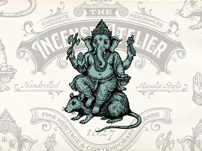 Incense Atelier brand identity branding ganesha god graphic design hand drawn illustration incense india shop logo logo design occult spiritual vector victorian vintage