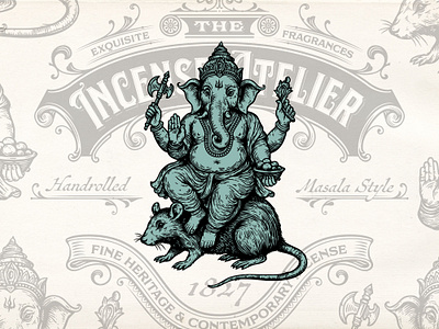 Incense Atelier brand identity branding ganesha god graphic design hand drawn illustration incense india shop logo logo design occult spiritual vector victorian vintage