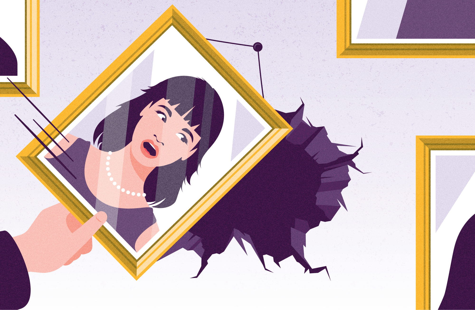 Damage control (Which? Travel) conceptual frame hole illustration portrait wall woman