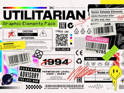 Utilitarian Graphic Elements Pack barcode art brutalism clothing care icons eco icons edgy style editable vector functional design graphic elements grunge vector industrial aesthetics industrial design minimal graphics modern vector pack packaging symbols print design assets signage symbols tech aesthetic utilitarian utility graphics vector icons
