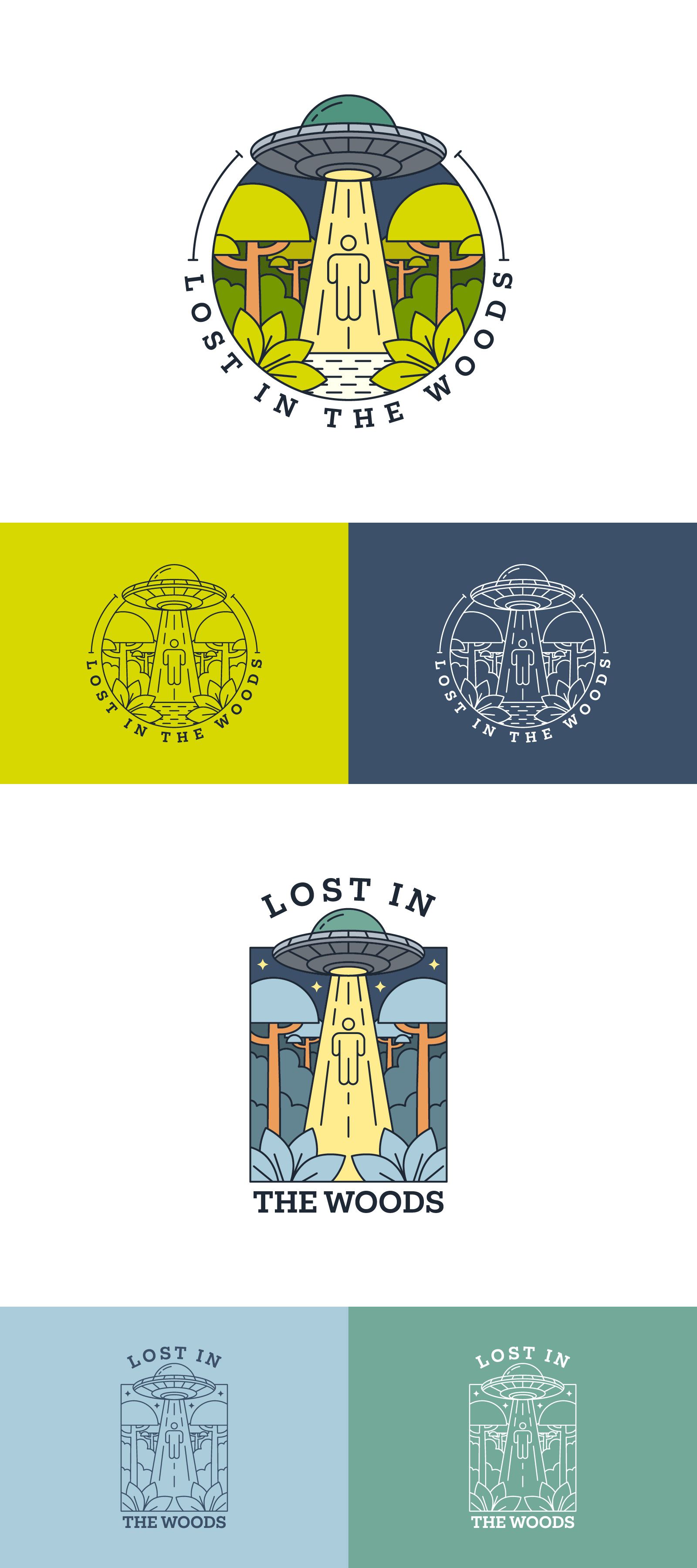 Alien UFO with the words lost in the woods monoline or line art design illustration line art logo monoline tshirt ufo