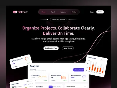 🧩 Taskflow – Project Management Dashboard & Landing Page daily ui dark mode design dribble figma landing page management tool modern design project management saas task manager ui ux web design webpage workflow