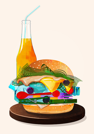 Burger and Soda - plastic pollution menu series burger colourful environment food illustration menu plastic pollution print soda vector