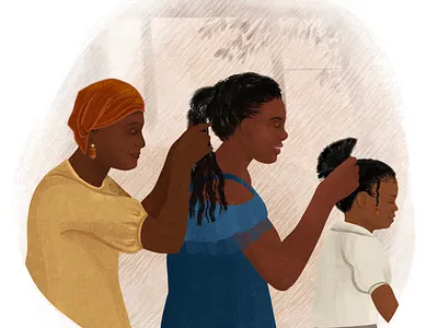 Textured Illustrations for SelfTold africa braiding hair british cooking together culture father and son generational generations grandmother hispanic mother and daughters texture illustration walking backview