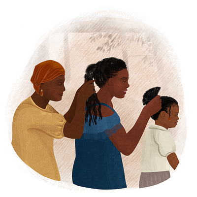 Textured Illustrations for SelfTold africa braiding hair british cooking together culture father and son generational generations grandmother hispanic mother and daughters texture illustration walking backview