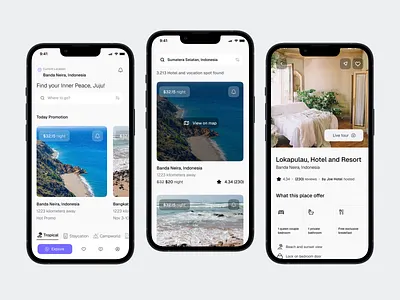 Hotel Booking App Exploration app cards clean design destination explore fireart hotel list stay travel ui ux