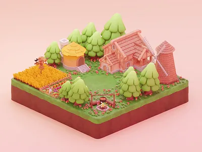low poly Peaceful Village 3d animation