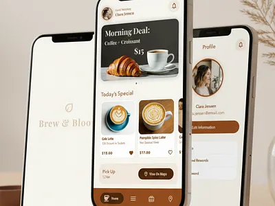 Brew & Bloom – Coffee Shop App UX/UI Design & FlutterFlow App android app app design coffeeshop app flutterflow ios app mobile app design prototype ui design ux design