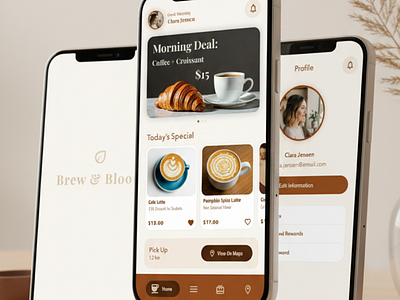 Brew & Bloom – Coffee Shop App UX/UI Design & FlutterFlow App android app app design coffeeshop app flutterflow ios app mobile app design prototype ui design ux design