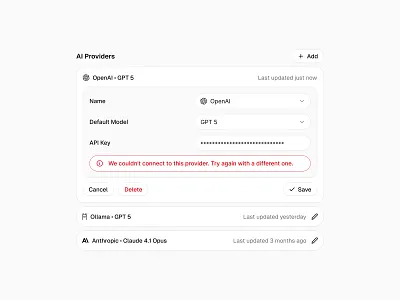 AI Provider Selection 🍊 alert button buttons design input minimal saas ui web design