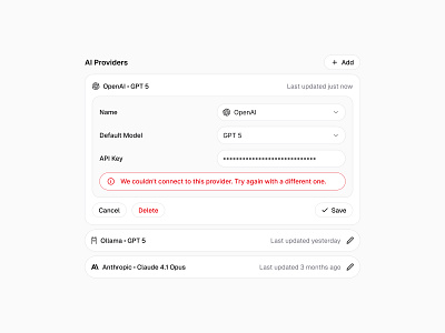 AI Provider Selection 🍊 alert button buttons design input minimal saas ui web design
