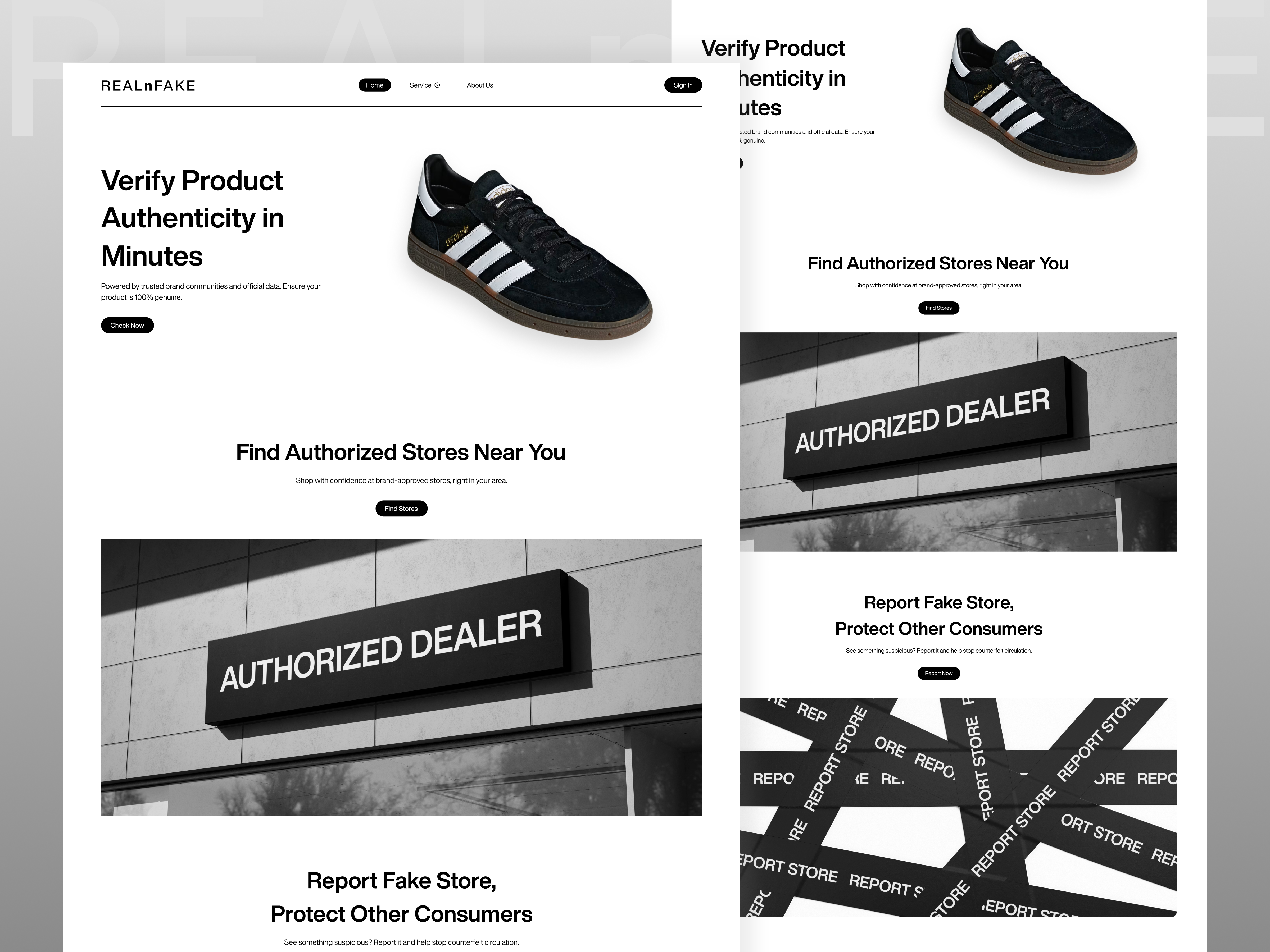 REALnFAKE - Landing Page anti counterfeit black and white brand identity clean interface consumer protection cta design footer design hero section landing page minimal design modern web product authentication product verification responsive layout saas platform store locator trust commerce ux ui verification platform web design