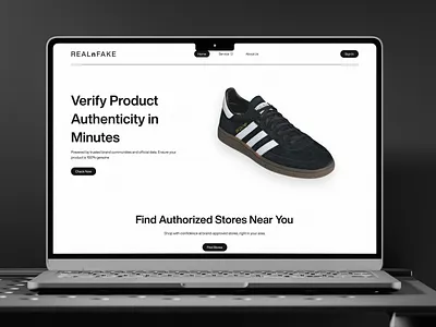 REALnFAKE - Landing Page anti counterfeit black and white brand identity clean interface consumer protection cta design footer design hero section landing page minimal design modern web product authentication product verification responsive layout saas platform store locator trust commerce ux ui verification platform web design