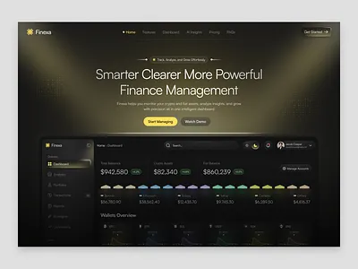 Finexa Smart Finance Dashboard Website ai analytics dark ui dashbord data sync finance financial header short hero design hero section landing managment powerfull tracking ui ux website