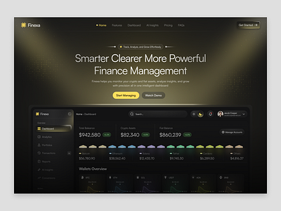 Finexa Smart Finance Dashboard Website ai analytics dark ui dashbord data sync finance financial header short hero design hero section landing managment powerfull tracking ui ux website