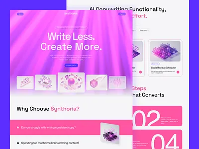 Synthoria - AI Copywriting Platform 3d graphics ai copywriting animated design bold typography conversion focused faq section feature showcase glassmorphism gradient design isometric illustration landing page marketing tool modern ui pink purple pricing page saas design step by step subscription model vibrant colors web app