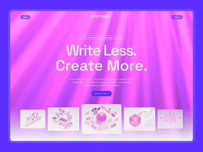 Synthoria - AI Copywriting Platform 3d graphics ai copywriting animated design bold typography conversion focused faq section feature showcase glassmorphism gradient design isometric illustration landing page marketing tool modern ui pink purple pricing page saas design step by step subscription model vibrant colors web app