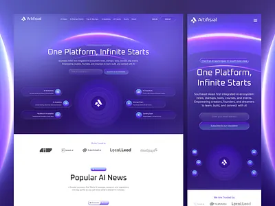 Artifisial - AI Platform & Startup Hub academy website ai news ai platform card design cyber aesthetic dark theme event platform futuristic ui glassmorphism glowing effects gradient mesh holographic innovation platform modern tech neon design premium design purple gradient startup hub tech community tech startup