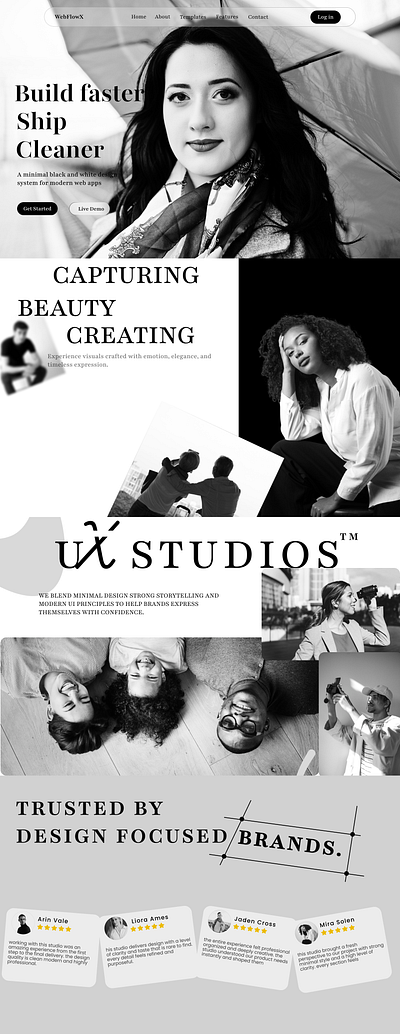 Black & White Creative Studio Landing Page blackandwhite branding figmadesign graphic design homepage interface landingpage minimaldesign modernui studiowebsite ui uidesign uxdesign webdesign weblanding