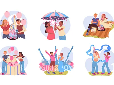 Gender Party Illustrations baby balloon birthday boy cartoon character cute flat gender girl holiday illustration party people scene shower surprise vector web website