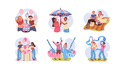 Gender Party Illustrations baby balloon birthday boy cartoon character cute flat gender girl holiday illustration party people scene shower surprise vector web website
