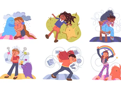 Mindset Wellbeing Illustrations cartoon character children depression emotion flat illustration mascot mental mind mindset people positive psychology vector web website wellbeing