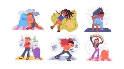 Mindset Wellbeing Illustrations cartoon character children depression emotion flat illustration mascot mental mind mindset people positive psychology vector web website wellbeing