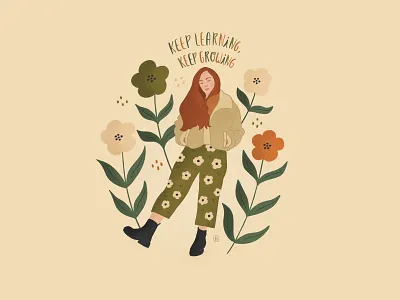 Keep learning, keep growing botanic colorful drawing flowers girl illustration quote