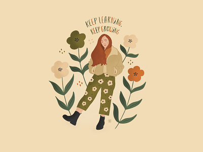 Keep learning, keep growing botanic colorful drawing flowers girl illustration quote