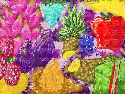 Fruit Art Arrangement apple arrangement assortment banana colorful dragonfruit fruit grapes illustration joselo rocha art mango orange pineapple strawberry textures vibrant watermelon