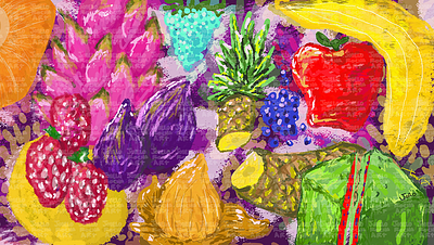 Fruit Art Arrangement apple arrangement assortment banana colorful dragonfruit fruit grapes illustration joselo rocha art mango orange pineapple strawberry textures vibrant watermelon