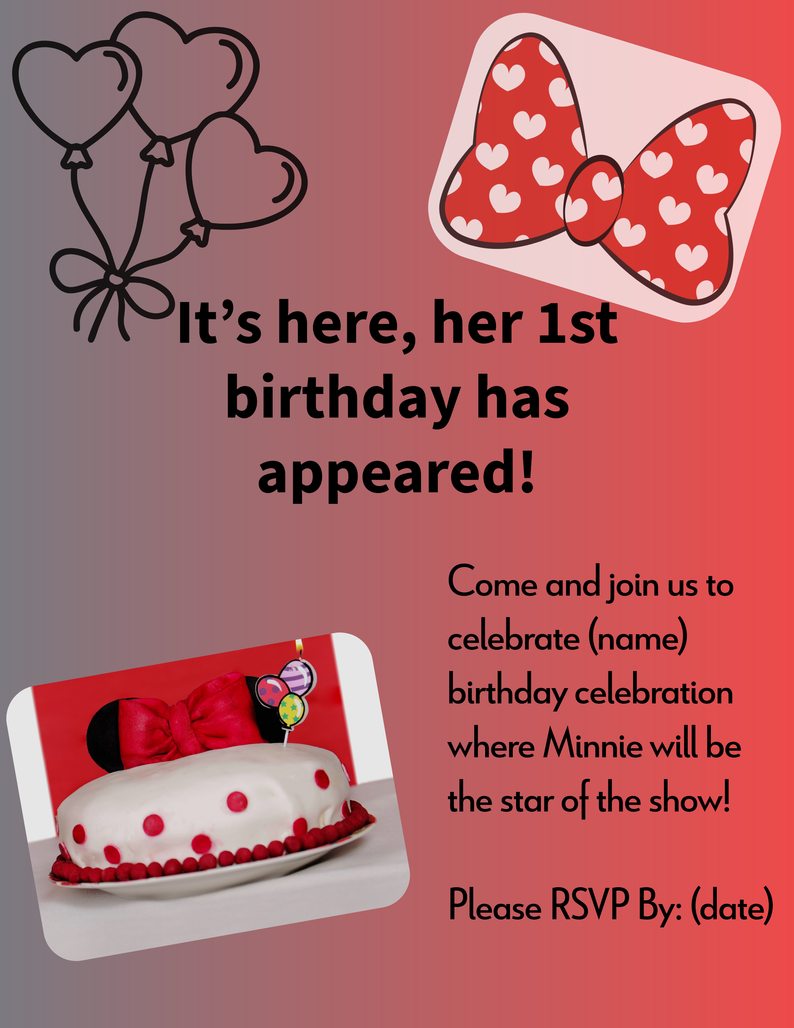 Baby Girl 1st Bday Minnie adobe express birthday flyer minnie mouse