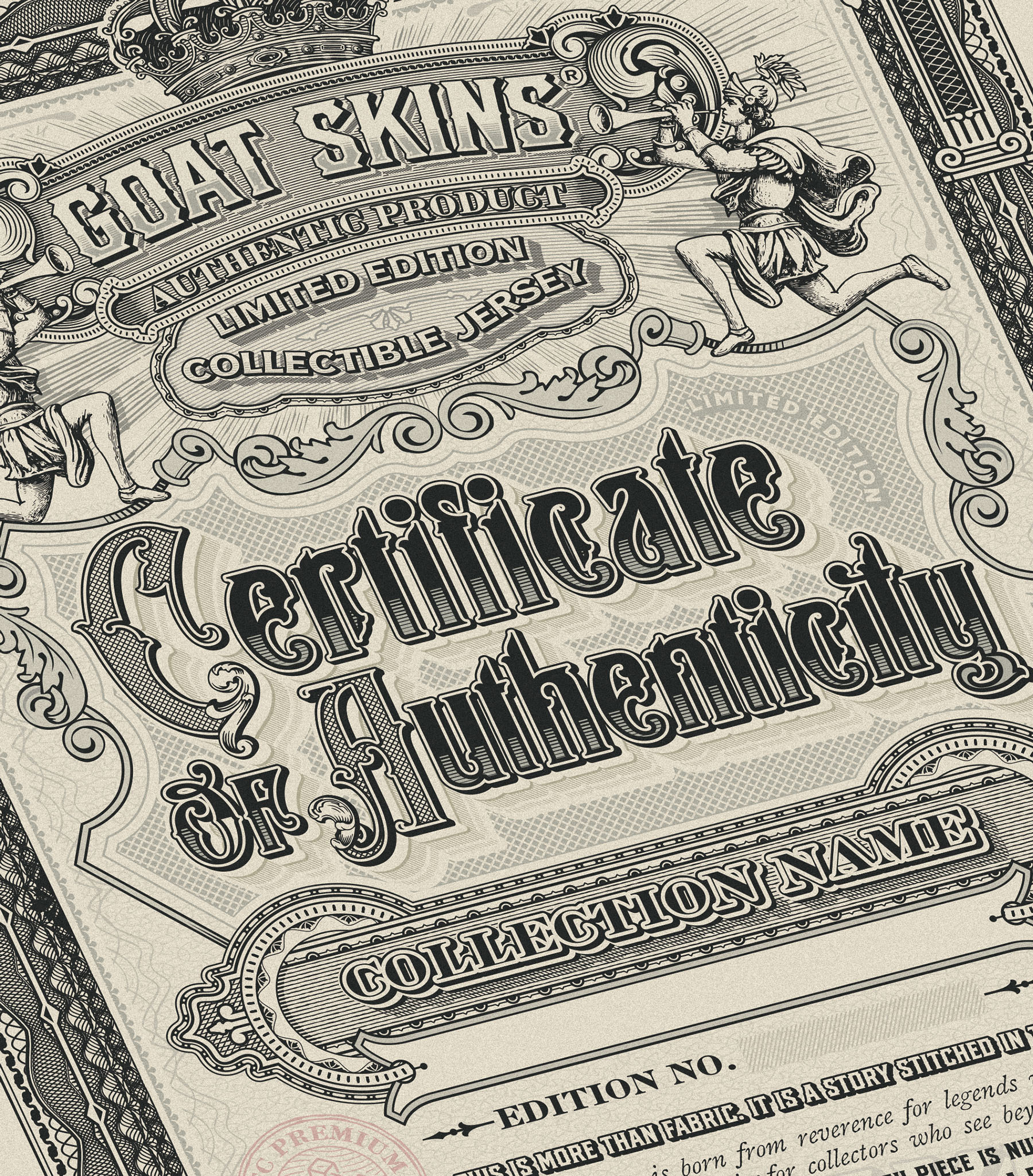 Goat Skins certificate of authenticity artisan authenticity certificate clothes craft custom font design distillery distilling graphic design hand drawn illustration knight logo logo design timeless victorian vintage vintage logo
