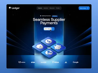 Ledger - Finance Website V1 blue creative dark design effect finance fintech glow hero icon payment ui uidesign uxdesign web design webdesign