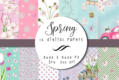 Springtime Digital Papers Bundle background design floral