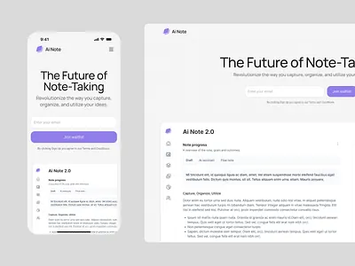 Responsive View — AI Note SaaS Landing Page ai animation dashboard design landing page minimal mobile modernist note taking product productivity responsive design saas service ui web design webflow website