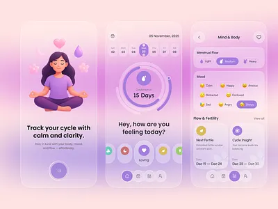 Lunaria – A Gentle Wellness App for Women calm ui concept clean ui cycle tracker app daily wellness tracker female wellness ui feminine app design glassmorphism design health and wellness mobile app ui mood tracking app ovulation ovulation tracker app pastel gradient ui period tracker period tracker ui self care app ux design inspiration wellness app design women health app