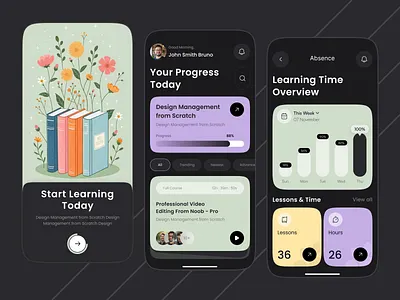 EduFlow Modern Learning Progress Tracker App Dark Theme app design course management dark theme dashboard ed tech design edtech education education app elearning app ios learning app mobile app online courses online e learning app online learning productivity app progress tracking skill development student app