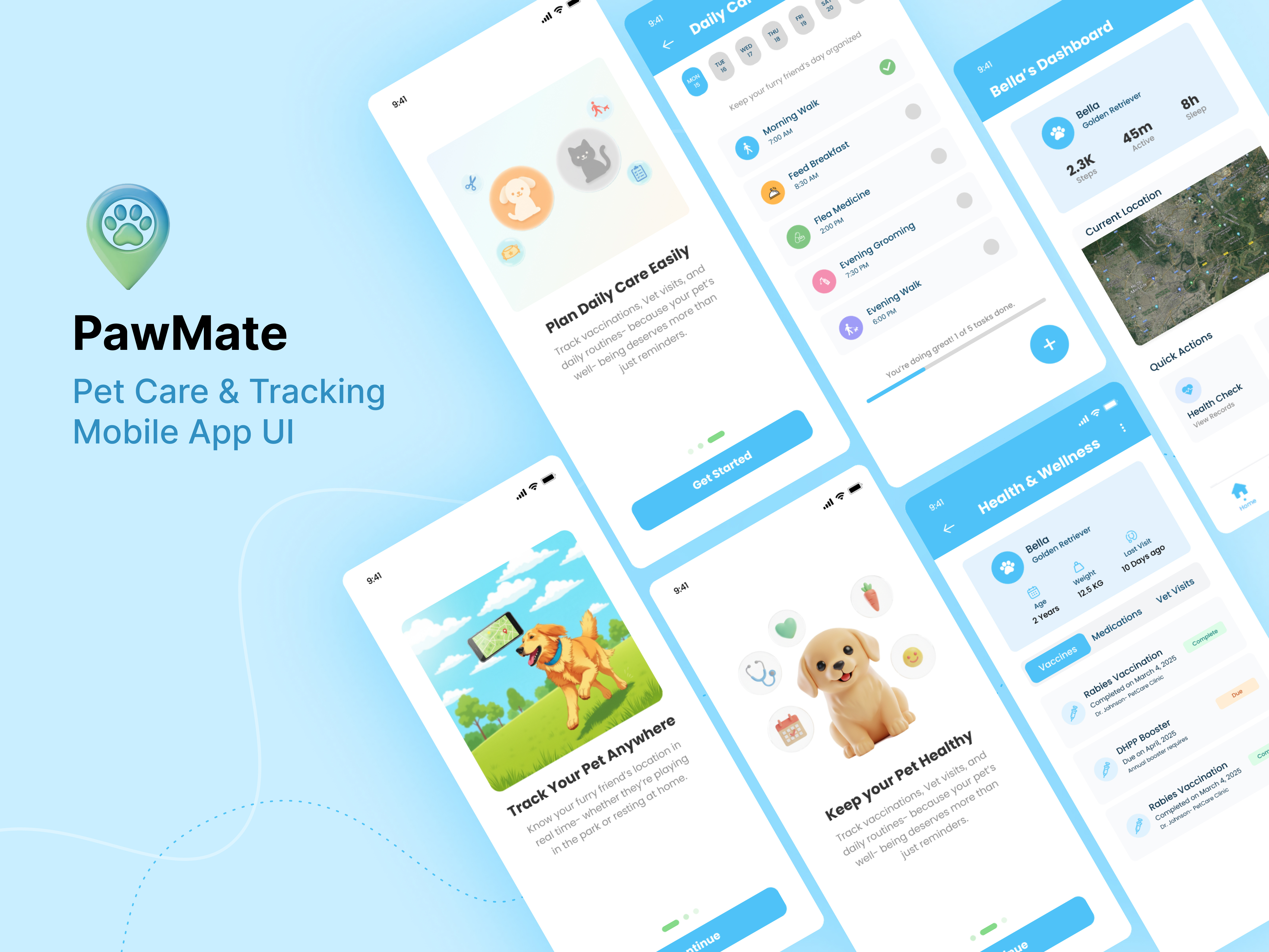 PawMate – Pet Care & Tracking App UI appdesign cleanui dailyplannerui dashboardui dribbbledesign figmadesign graphic design mobileappdesign mobiledashboard onboardingdesign pawmate petcareapp petlovers pettrackingapp productdesign uidesign uiuxportfolio uxdesign uxinspiration