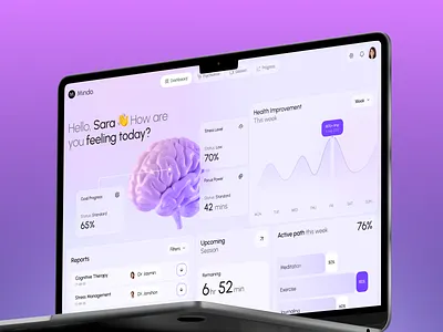 Mindo — Mental Health Dashboard UI 💜 cleanui dashboard dashboard overview datavisualization figmadesign health dashboard healthcare healthcareui medical admin medical dashboard mentalhealth minimaldesign pixelean productdesign ui ux uichallenge uiux userexperience webdesign wellnessapp