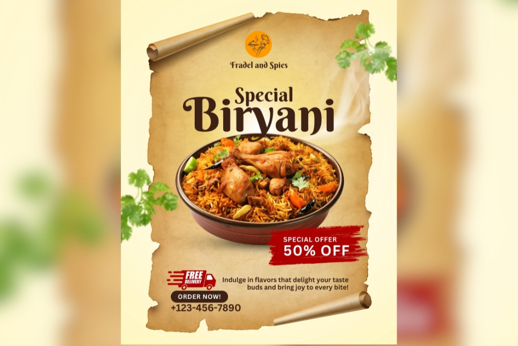 Biryani Restaurant Promo Poster | Food Advertisement Design advertising design catering advertisement digital marketing food advertisement food delivery promo food flyer food marketing food photography food poster graphic design indian cuisine indian restaurant menu design restaurant branding restaurant promo social media social media design special offer tasty food traditional food