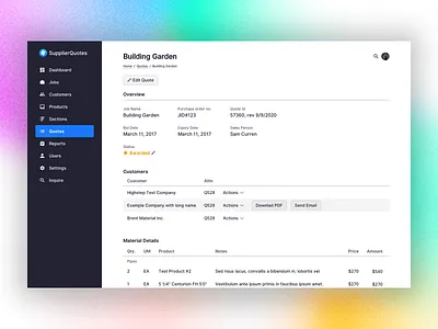 Quotes Dashboard - Supplier Quotes, 2020 app chart dashboard data design form gradient illustration modern navigation quote report table type typography ui user ux