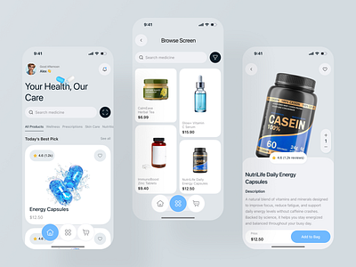 Smart Health Shopping Made Simple clean design daily wellness ecommerce app health app health products healthcare medical app medicine shop mobile ui modern design online store pharmacy app shopping app supplements vitamins wellnes