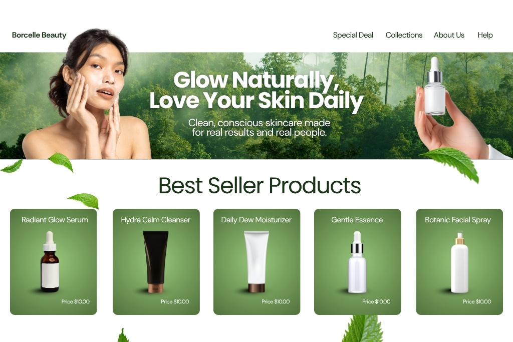 Skincare Website Layout | Beauty Brand Landing Page UI Design beauty brand beauty store brand identity clean layout cosmetic branding cosmetic website ecommerce design green aesthetic homepage banner landing page design minimal design modern web design natural skincare product grid product showcase skincare ui design ui ux design ux ui web ui design