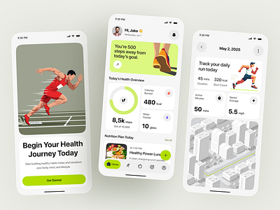 Health & Fitness App UI – Track, Run & Build Better Habits app design daily tracking fitness app habit tracker health app health tech health tracker mobile mobile app nutrition app run tracker ui design wellness app wellness design workout app