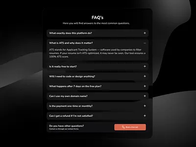 Dark Mode FAQ Page UI with Contact CTA contact form dark mode faq minimalist web component