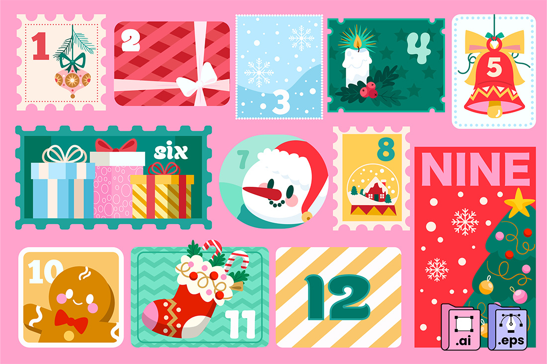 Christmas Advent Calendar Set advent calendar bell candle christmas christmas decor christmas elements christmas gifts christmas icons christmas tree festive cards festive vector holiday countdown holiday illustration presents santa snowflakes snowman stocking vector set xmas design