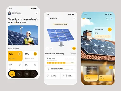 Solar Energy Mobile App – Power Your World with Smart Energy cleanenergy ecoapp energyapp environmentfriendly greentech mobile app mobileappdesign product design renewableenergy smart energy ui smarthome solar electricity solar energy solar energy monitorin solar panel solar power solarapp solardashboard sustainabilityapp uiuxdesign