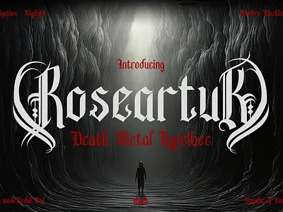 Roseartuk - Blackletter Font black metal font blackletter font branding font classic blackletter death metal font decorative font fashion font gothic font graphic design halloween font headline font logotype modern blackletter old english font tattoo font typography