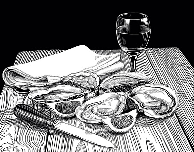 Oysters food illustration black and white culinary art editorial illustration engraving food illustration lineart monochrome scratchboard